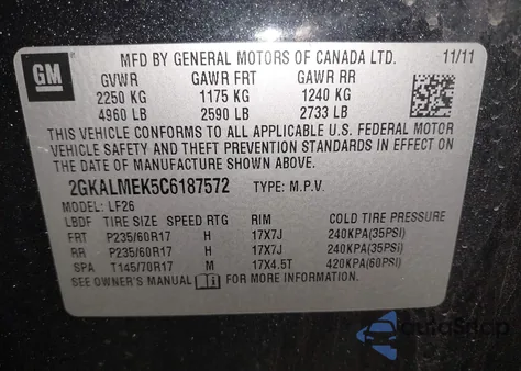 2012 GMC Terrain Sle-1 из США, поврежденный, VIN 2GKALMEK5C6187572